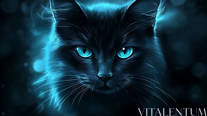 Luminous Cat Eyes. Glowing Cyan Feline Portrait.