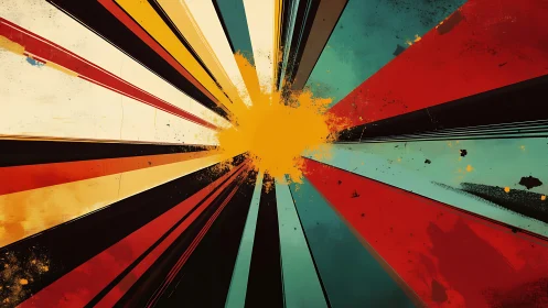 Radiant geometric burst in retro abstract color field painting.