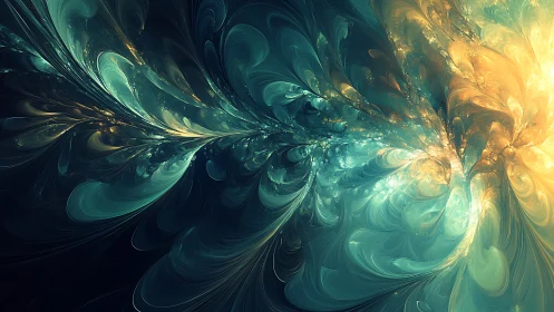 Glowing teal and gold fractal blooms swirling in soft light.
