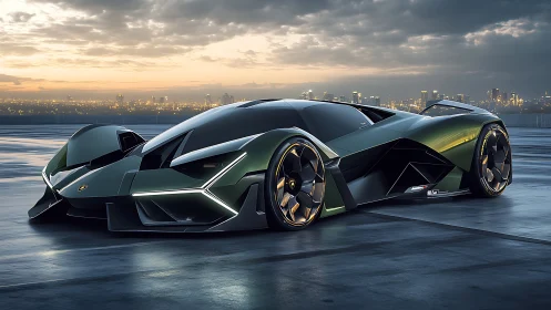 Futuristic low-profile supercar on wet rooftop at dusk.