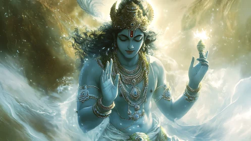 Divine blue deity emerging from luminous celestial waters.