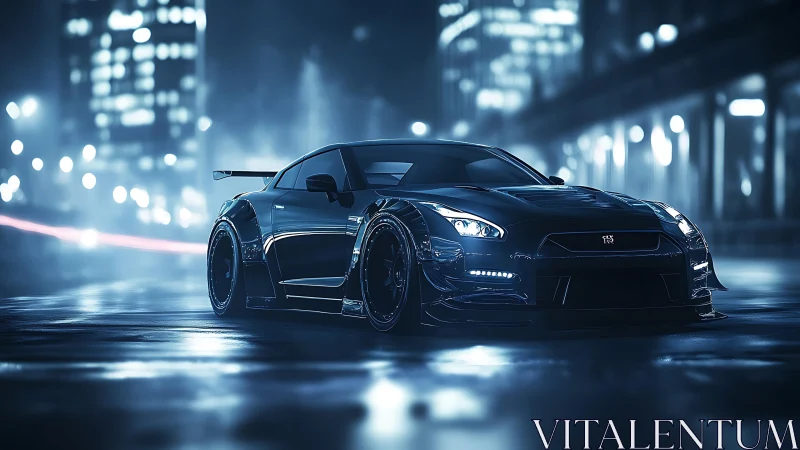 Widebody GT coupe rendered in wet neon-lit urban nightscape