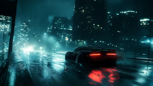 Futuristic sports car racing through neon city rainstorm.