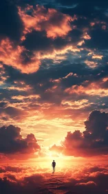 Silhouette walking above clouds under vivid sunset sky.