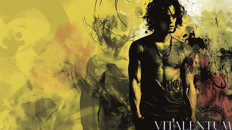 Gritty grunge portrait of moody man on yellow abstract wall.