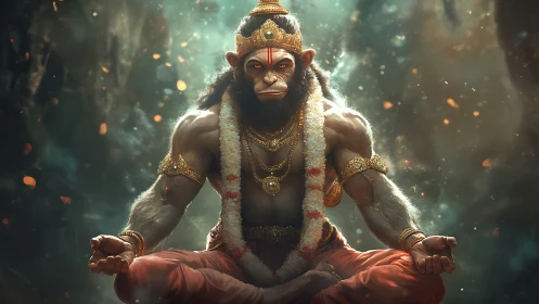 Hanuman deity in radiant meditation with golden ornaments.