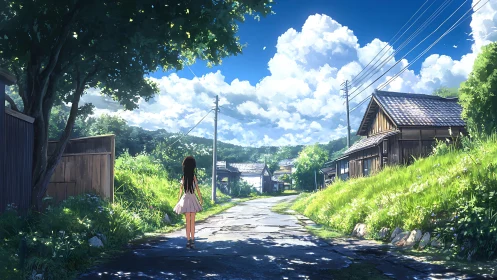 Girl walking alone on sunny rural village road.