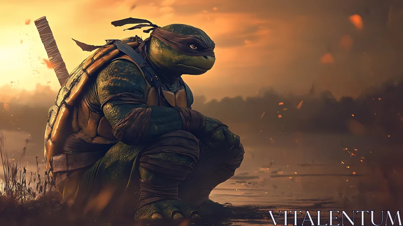 Armored humanoid turtle at dusk near reflective water surface.