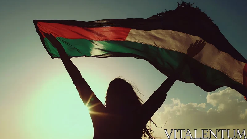 Silhouetted person raises flowing flag against warm sunset sky