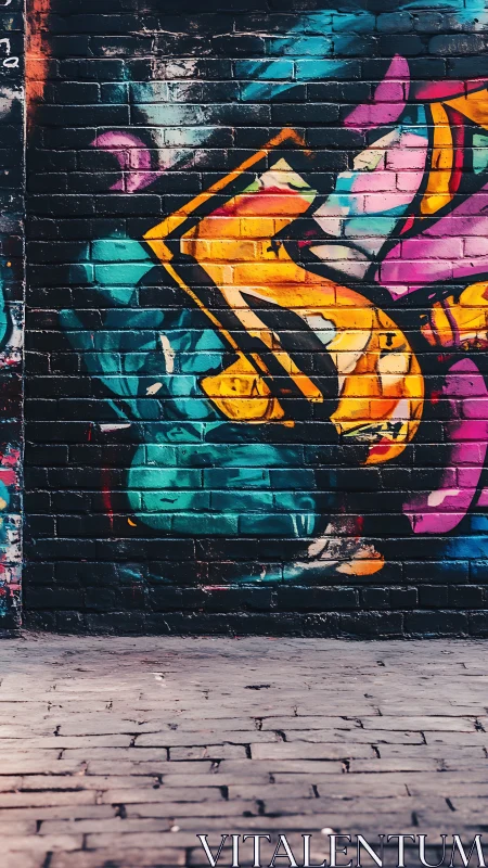 Urban brick wall erupts with bold teal and orange graffiti.