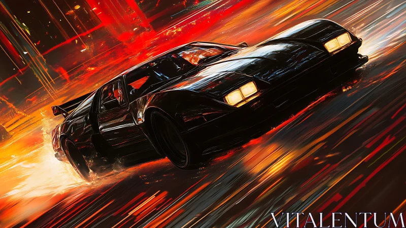 Low-angle cyberpunk sports car drifting through neon rain
