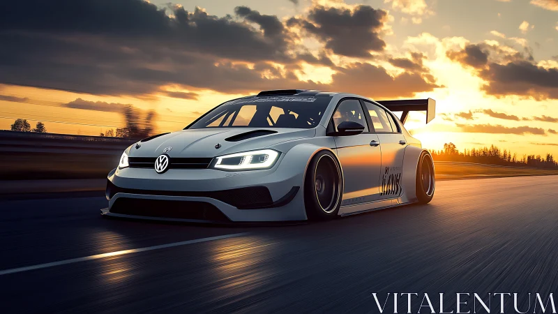 Sunset turbo rocket car slices the racetrack horizon clean