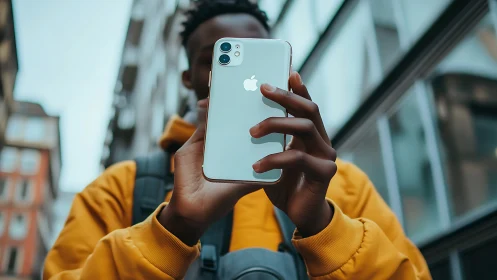 Person in yellow jacket holding Apple iPhone 11 outdoors