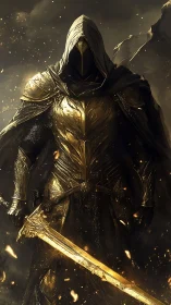 Hooded golden armored knight stands holding glowing sword