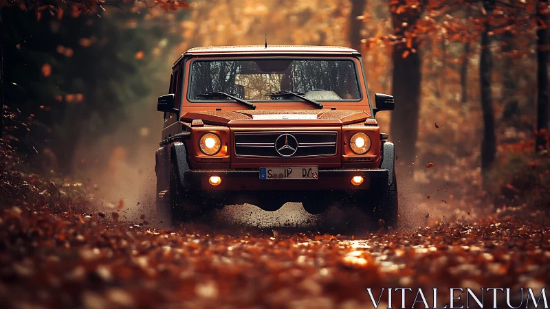 Orange Mercedes G-Class driving on muddy forest track.