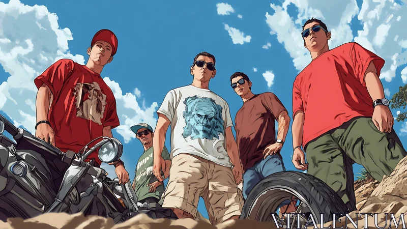 Low-angle digital painting of five bikers under summer sky