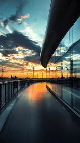 Curved airport terminal walkway reflects high contrast sunset sky