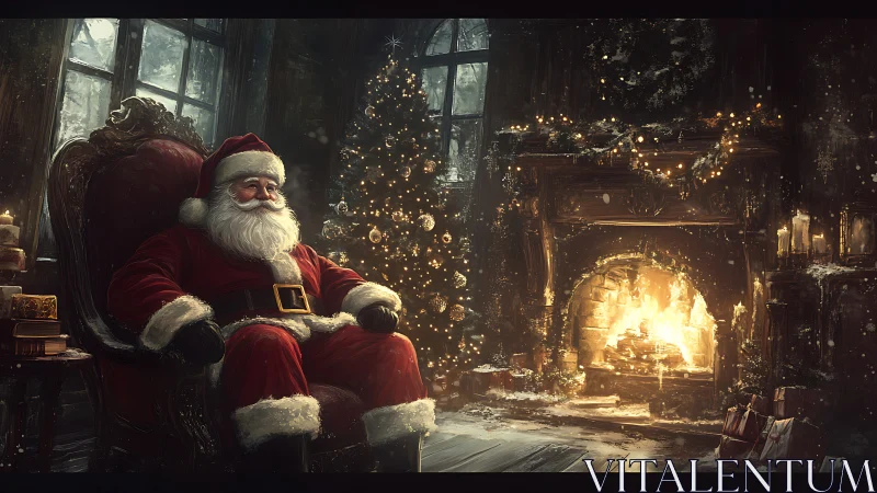 Santa in luminant hearthside chamber, cinematic yuletide tableau.