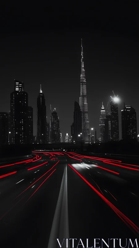 Night city skyline with light trails and tall tower.