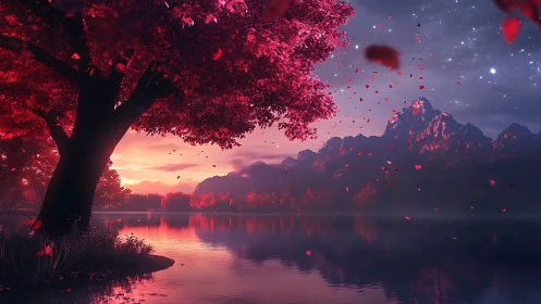 Red tree dominates lakeside landscape at twilight glow