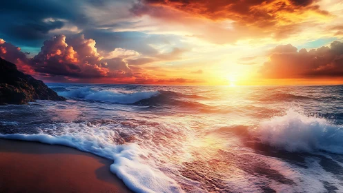 Radiant ocean sunset with glowing surf and storm clouds.