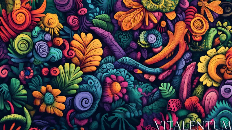 Dense abstract foliage forms interlocking colorful organic shapes