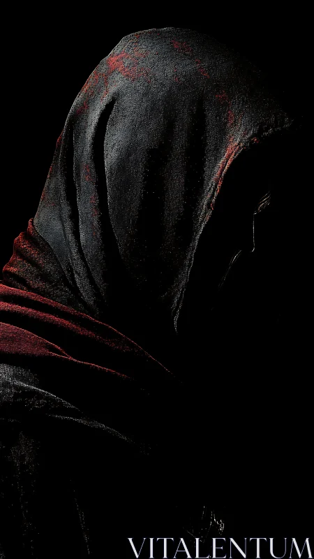 Shrouded hooded figure in dramatic low key shadow.