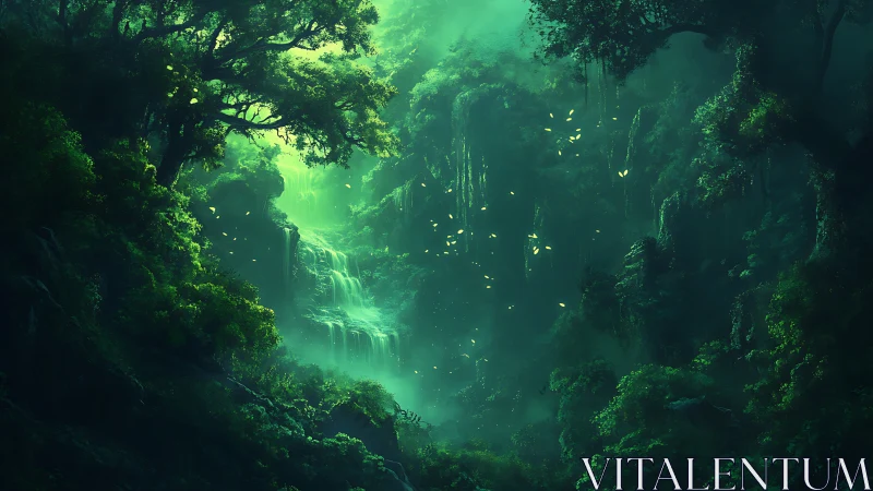 Ethereal Forest Canyon with Cascading Waterfalls and Luminous Atmosphere.