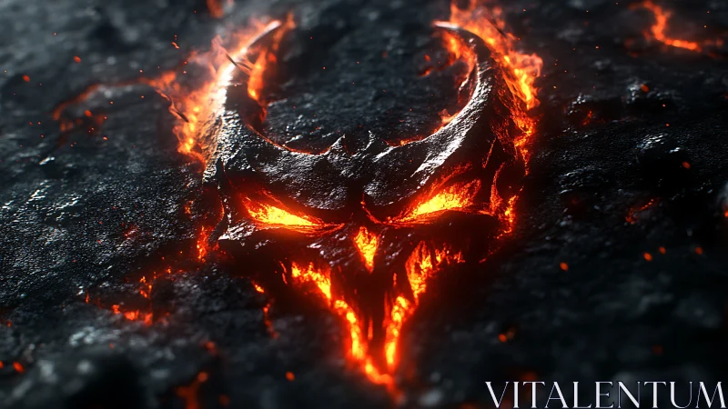 Fiery demonic skull emblem carved in molten rock surface.