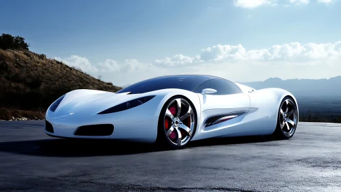 Skyline-kissed white supercar lounging on a sunlit summit.