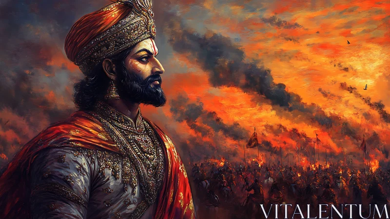 Warrior king in ornate armor surveys burning battlefield