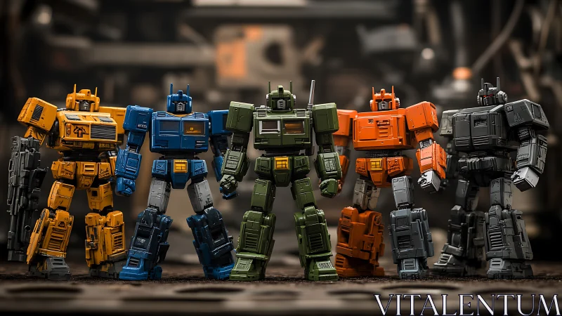 Lineup of multicolored robot action figures on display.