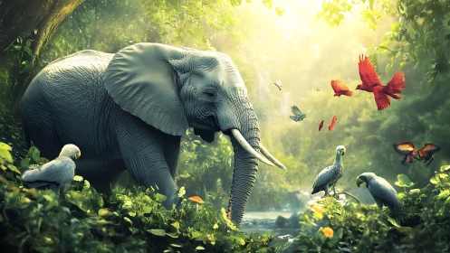 Elephant wanders through glowing jungle sanctuary of birds