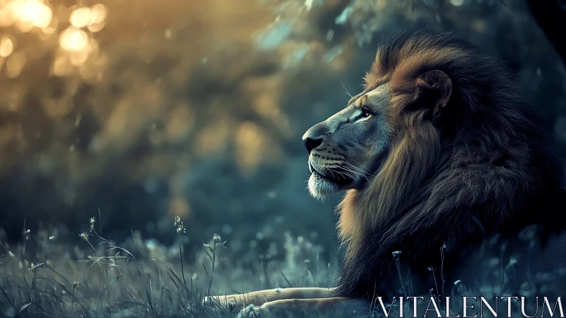 Male lion resting in ethereal golden dusk light.