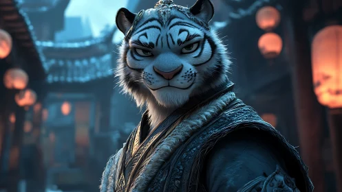 White tiger warlord prowls beneath ember-lit lantern skies.