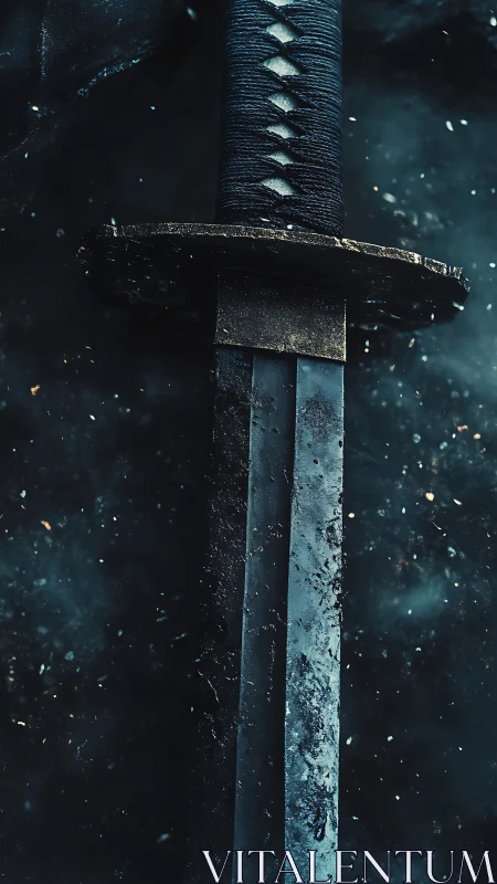 Weathered katana blade macro with textured tsuka-ito wrapping.