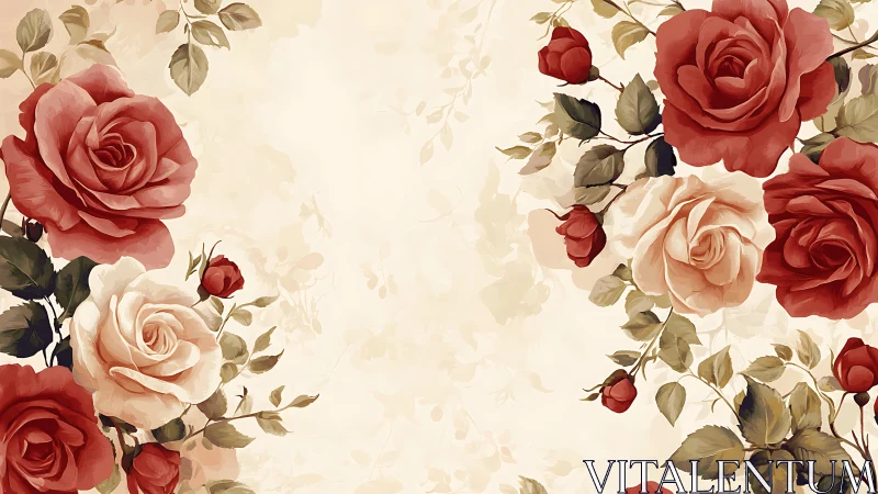 Vintage botanical wallpaper with red and blush roses on cream