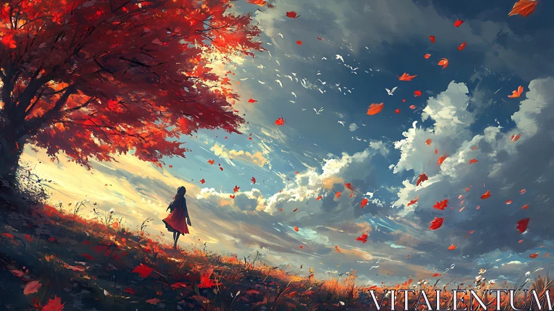 Autumn windswept field with solitary figure under crimson tree.