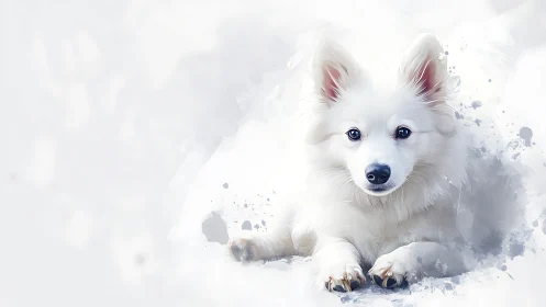 Snowy white puppy portrait in soft watercolor splashes.