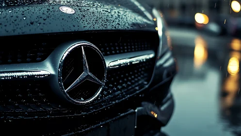 Rain-kissed city car grille gleaming in moody evening light.