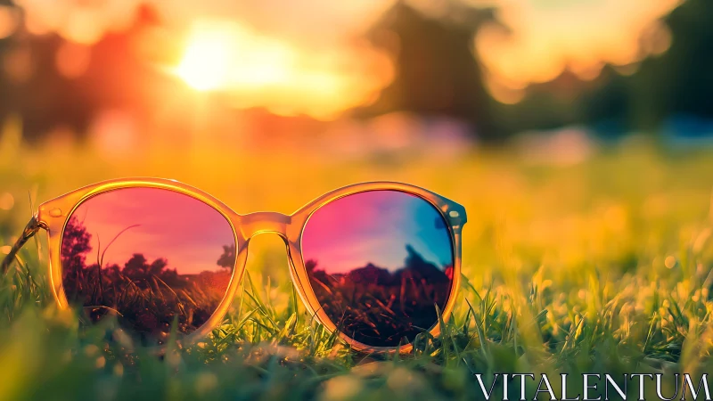 Sunlit sunglasses glowing in saturated summer grass field.