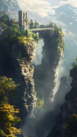 Gothic cliffside citadel spans eroded arch with volumetric light