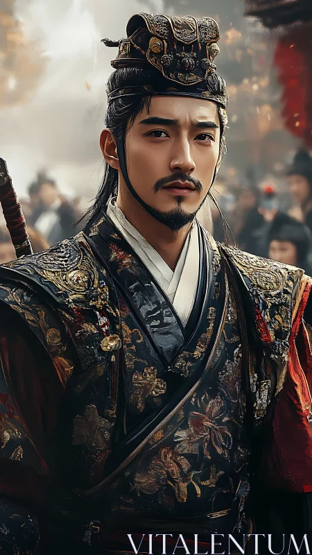 Ornate armored noble in cinematic East Asian court portrait
