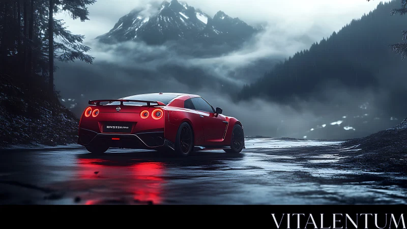 Red Nissan GT-R on wet mountain pass under misty twilight