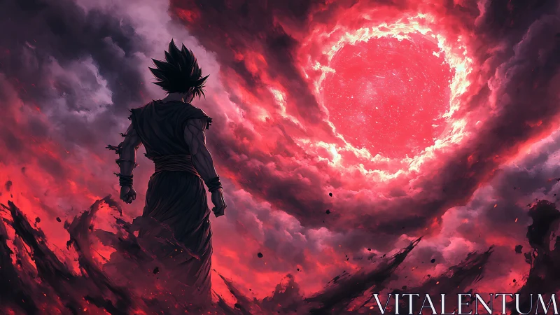 Storm-crowned warrior strides toward the devouring red star