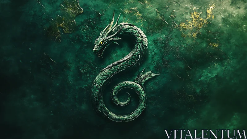 Emerald serpentine dragon coils over textured verdigris field