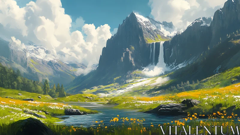 Sunlit alpine valley and waterfall under towering peaks.