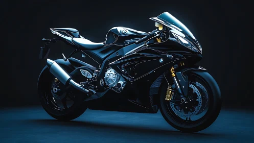 Photorealistic black superbike in studio-grade three quarter profile