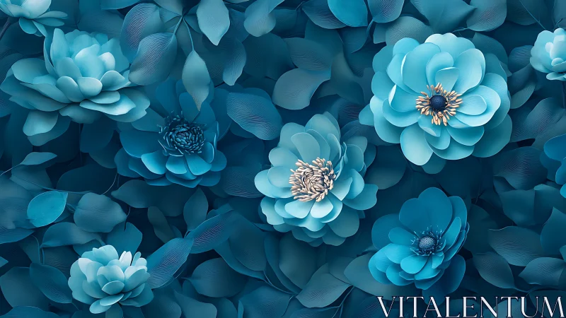 Layered Cerulean Floral Composition with Metallic Stamen Detail.