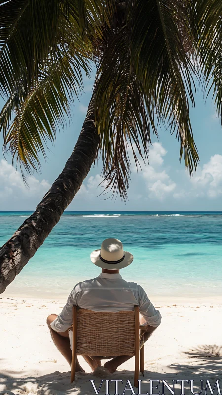 Solitary beach lounger under curving palm, tropical shoreline